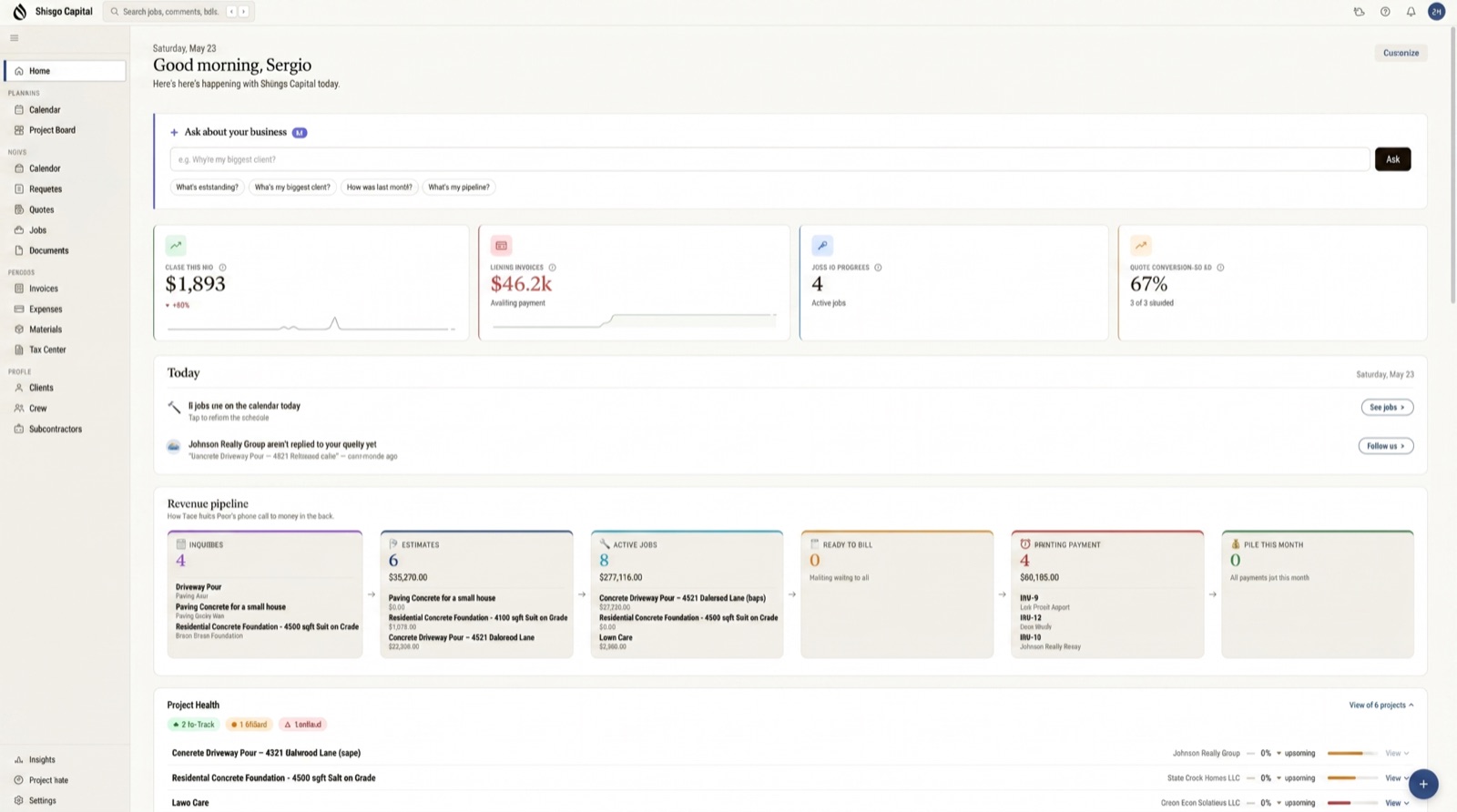 Sitetraq dashboard with a revenue pipeline, active jobs, and an AI assistant box that answers business questions