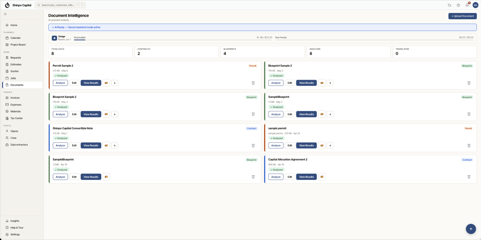 Sitetraq's document intelligence screen analyzing contracts, permits, and blueprints