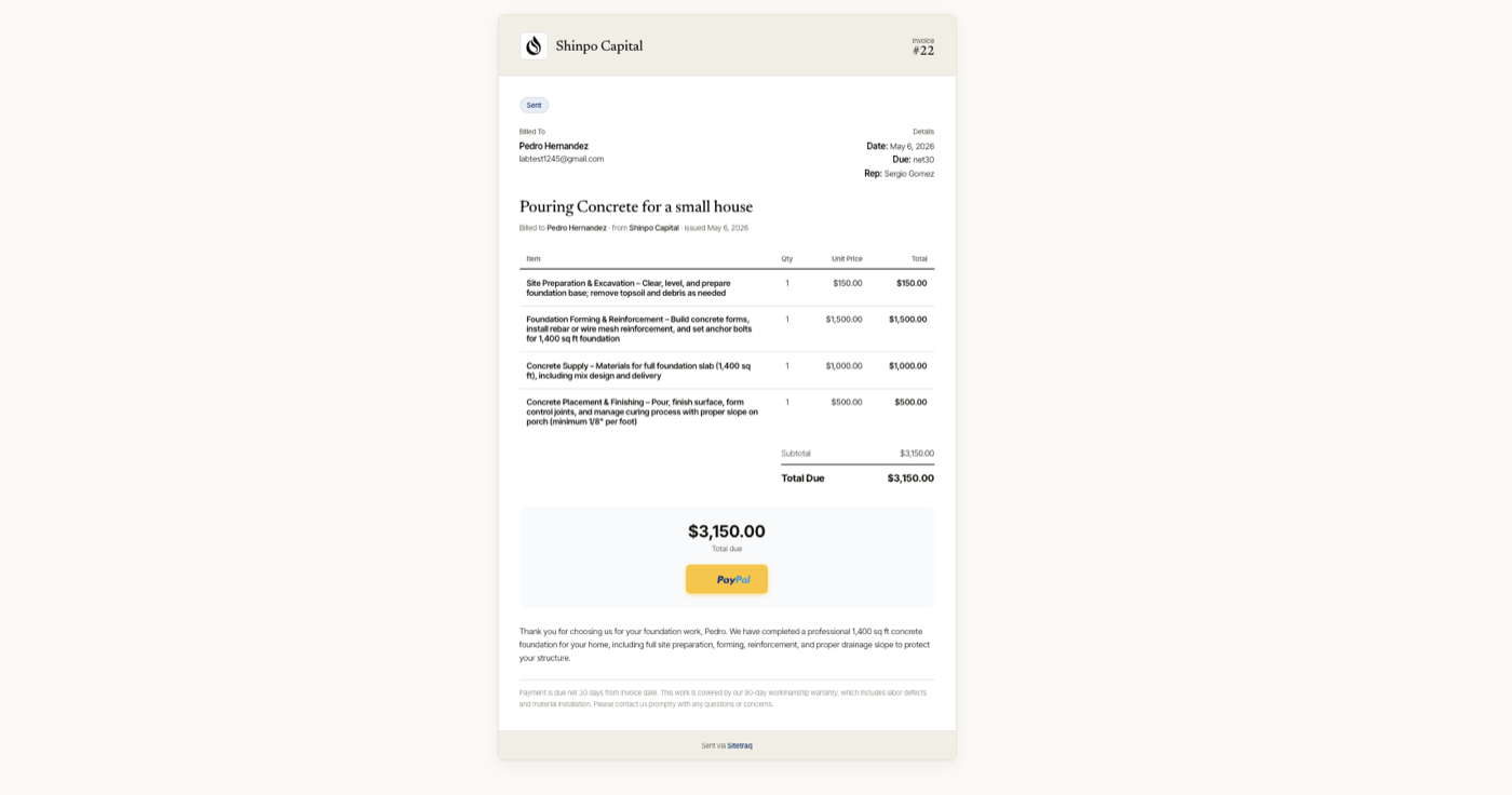 A Sitetraq invoice with itemized costs, a total due, and a one-click payment button