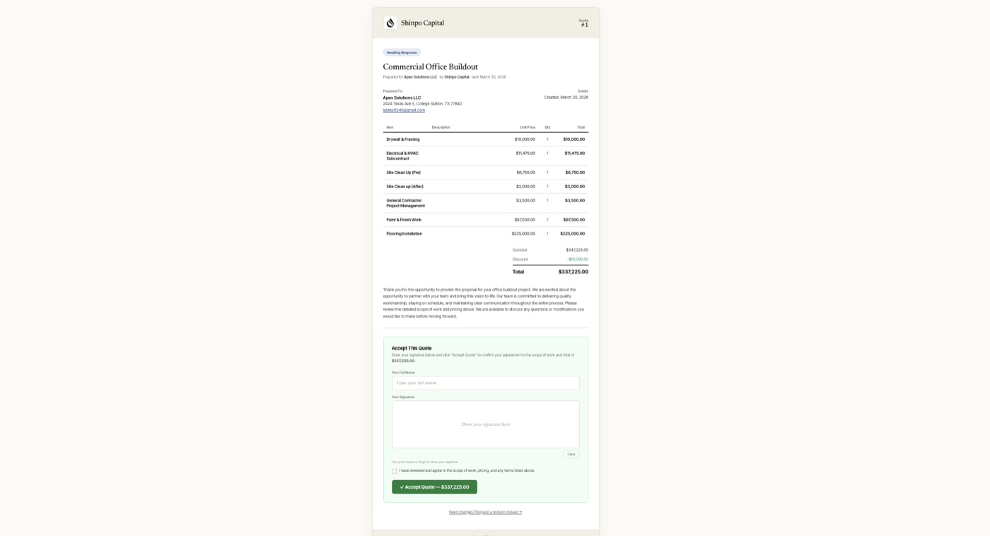 A branded Sitetraq quote for a commercial office buildout, ready for the customer to review and sign