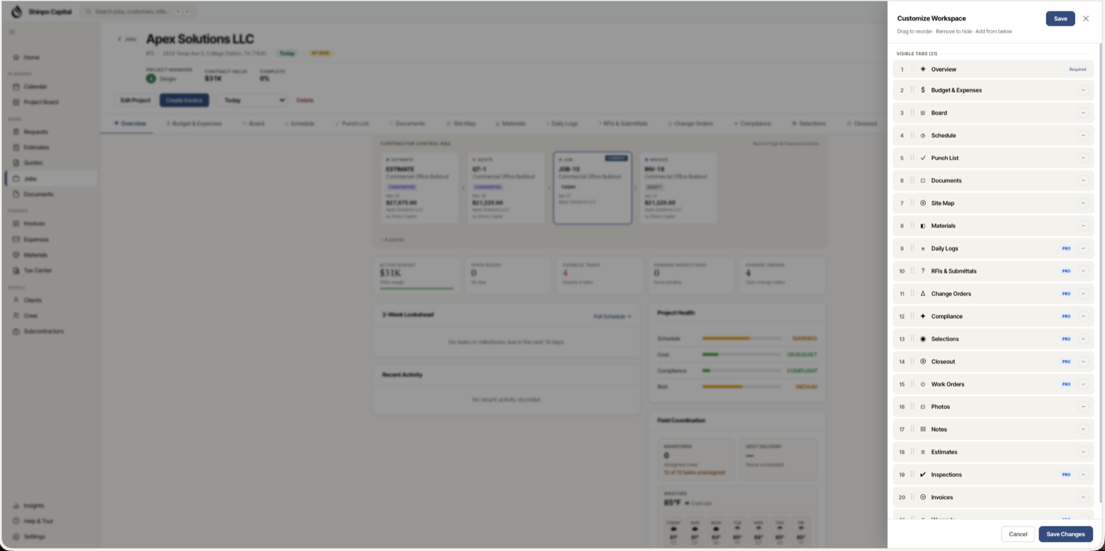 A Sitetraq job workspace with tabs for budget, schedule, punch list, photos, and change orders